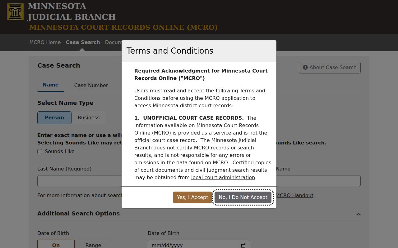 Hubbard County case search through Minnesota Court Records Online