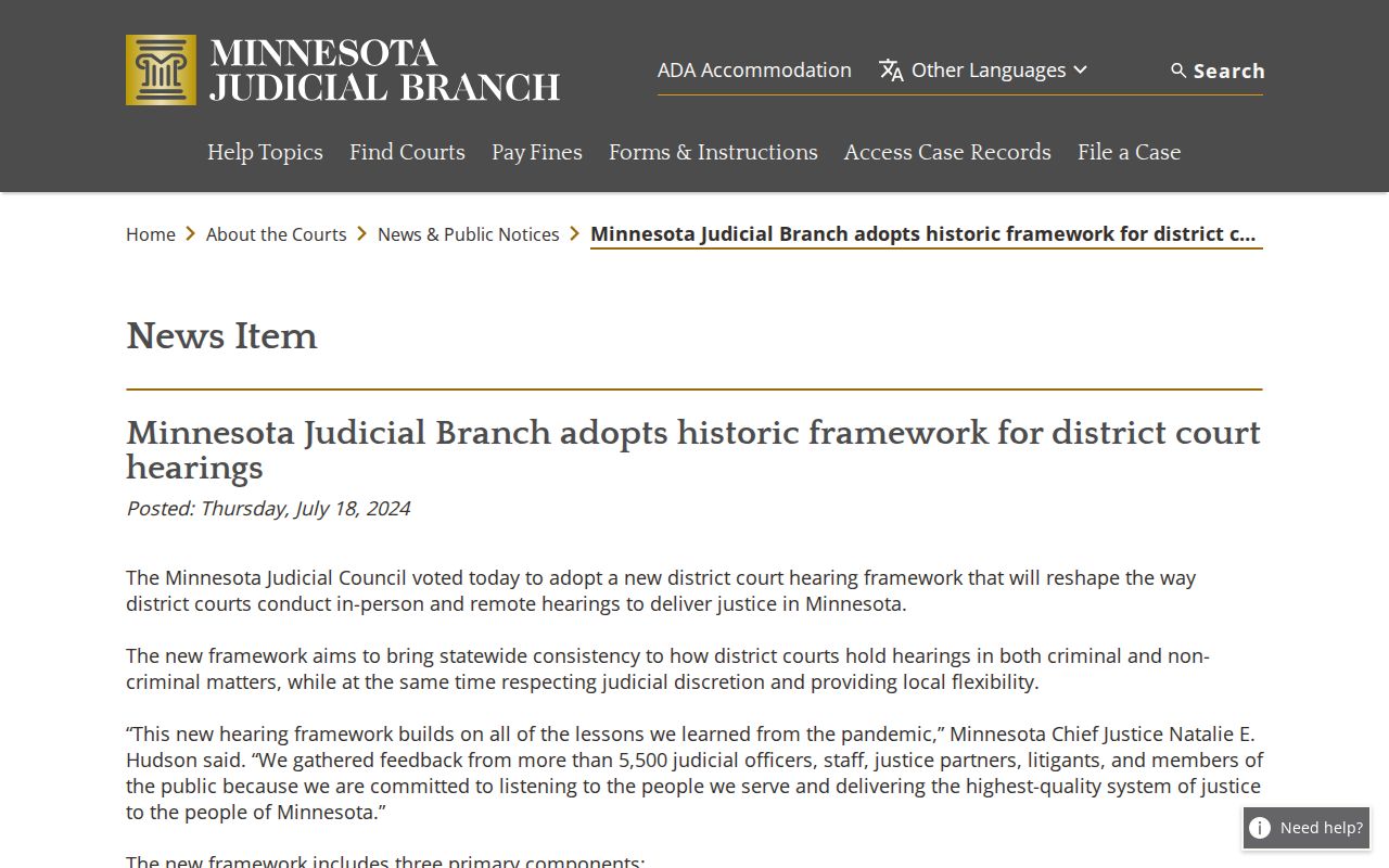 Hubbard County court calendar hearing framework information