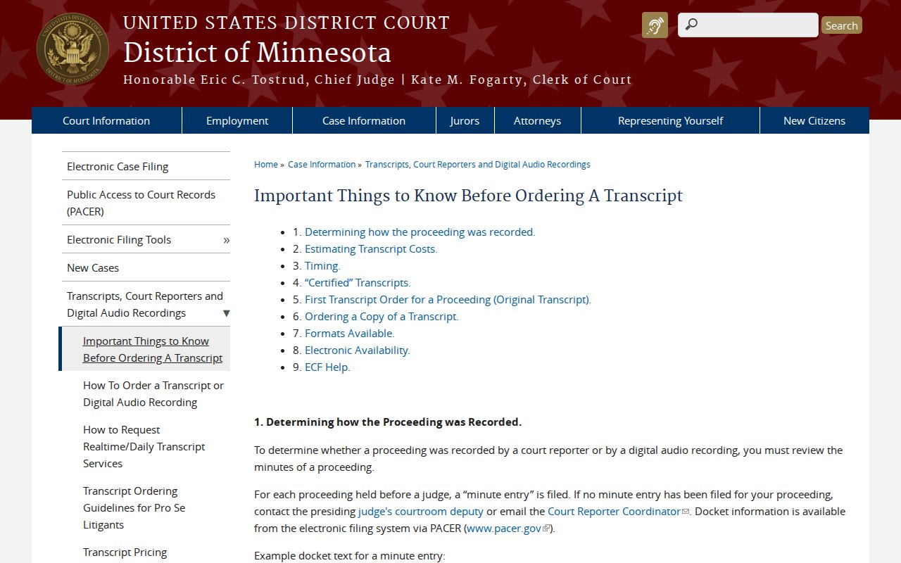 Hubbard County court calendar and transcript request information