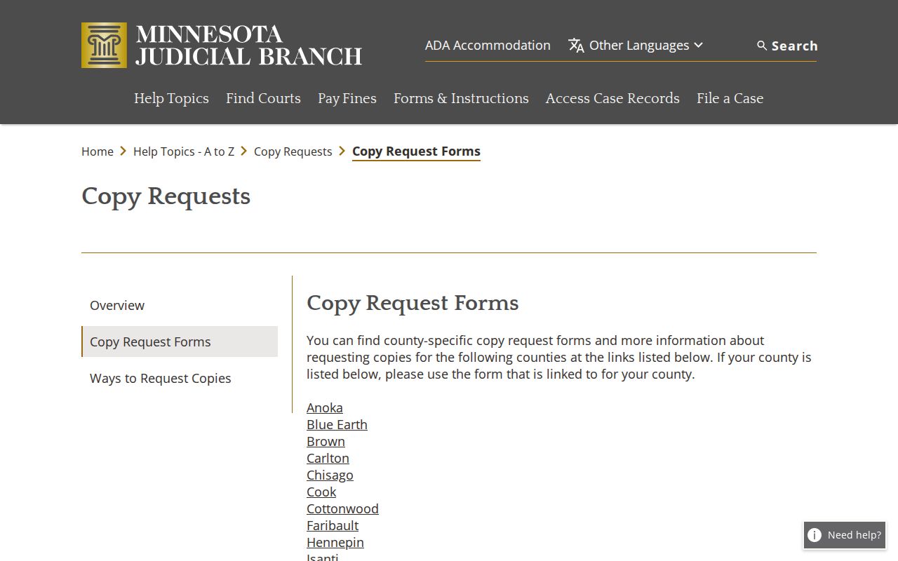Hubbard County court records copy request forms