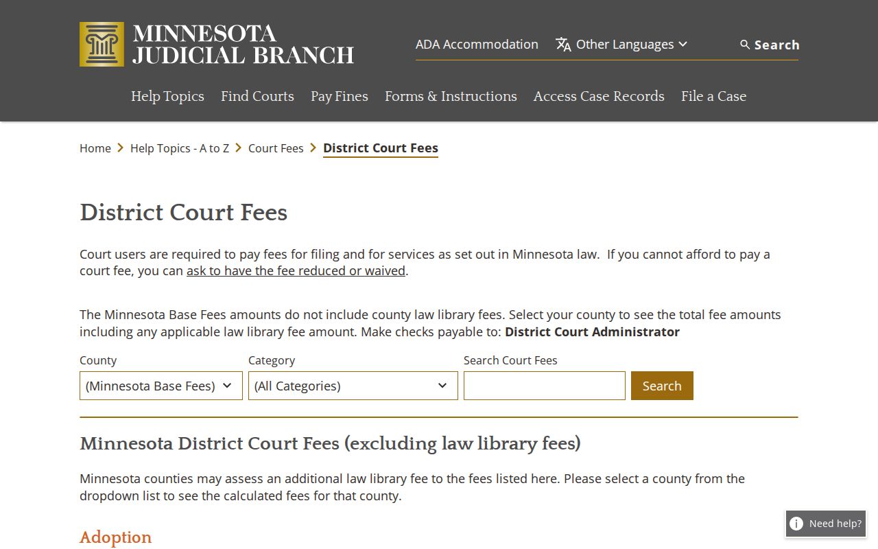 Hubbard County court records Minnesota District Court fees