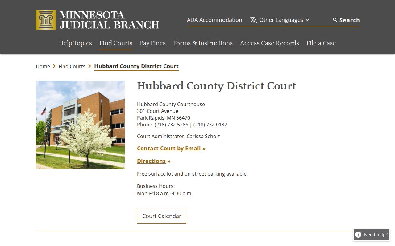 Hubbard County court docket access reference from a Hubbard court page