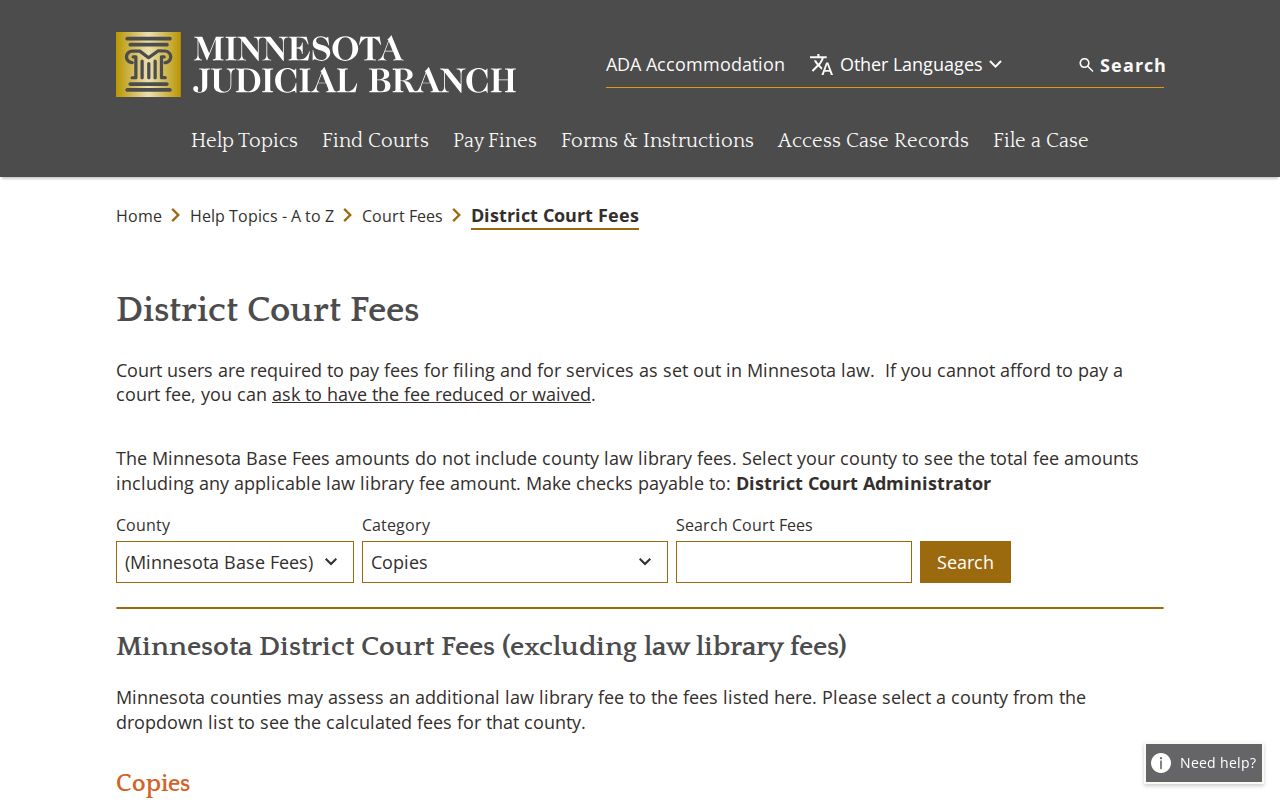 Nevis court record access source for Minnesota District Court copy fees