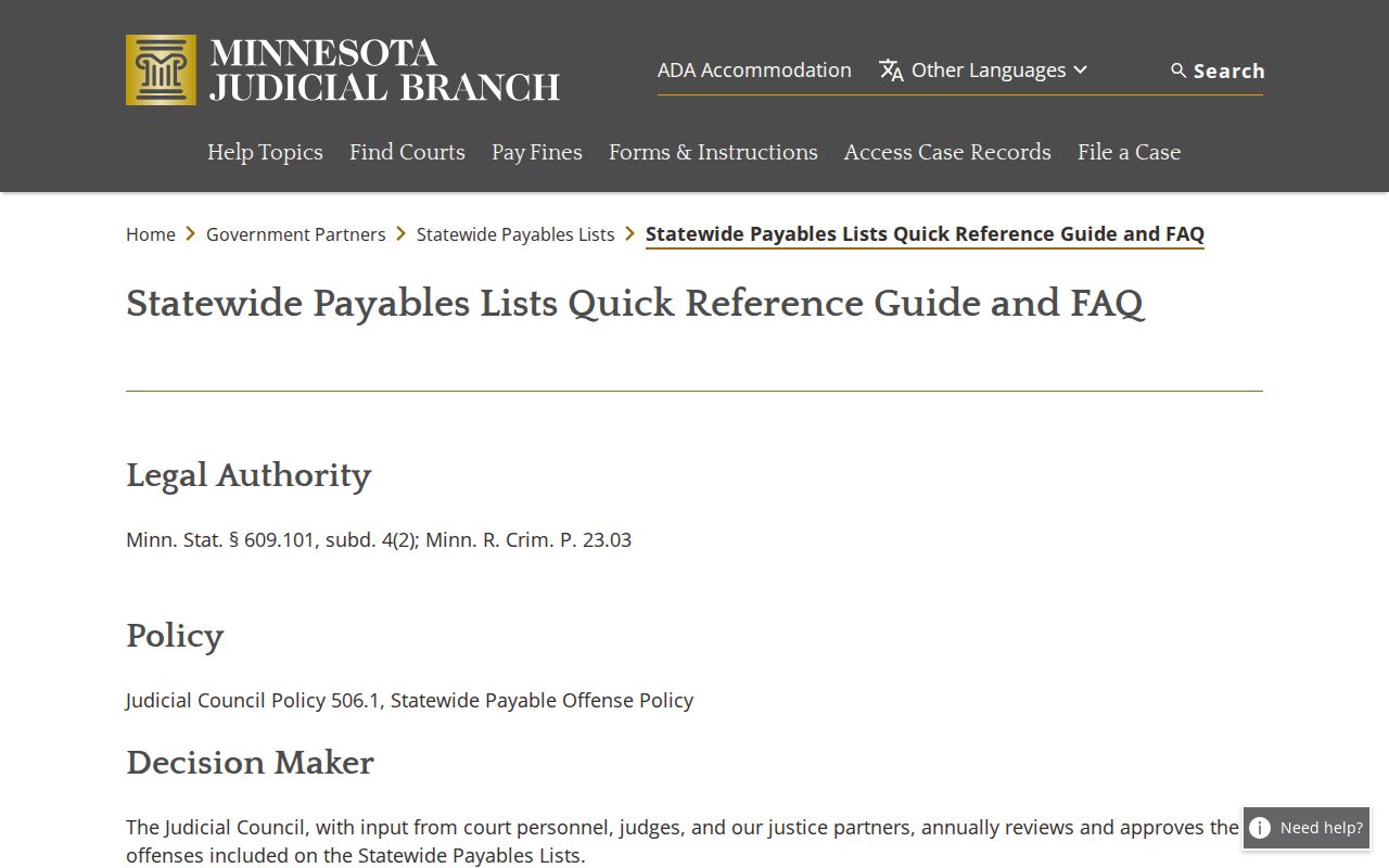 Hubbard County traffic court record payable offense reference